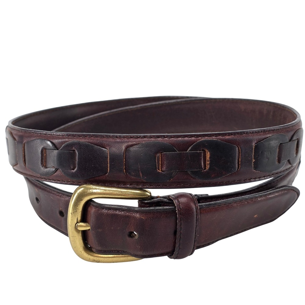 VTG Brown Leather Belt Mens 42 Oil Tanned Cowhide Solid Brass Woven Link 2534-02
